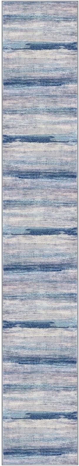 KOZYFLY Modern Abstract Hallway Runner, 2x12 Washable Rug Runner Non-Slip Soft Striped Kitchen Runner Rug, Blue/Grey/Beige Print Carpet for Entryway Bathroom Laundry Room Foyer