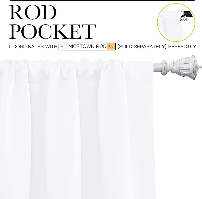 NICETOWN 50% Light Blocking Kitchen Curtains - Window Treatment Rod Pocket Curtains/Drapes for Bedroom (2 Panels, 52 by 72, White)