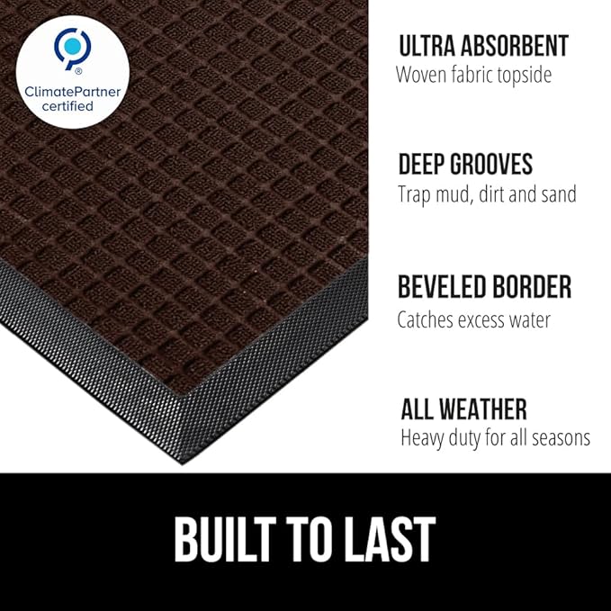 GORILLA GRIP 100% Waterproof All-Season WeatherMAX Doormat, 47x35, US Designed Natural Rubber, Stain and Fade Resistant, Low Profile Indoor Outdoor Door Mats, Easy Clean Patio Mat, Coffee Squares