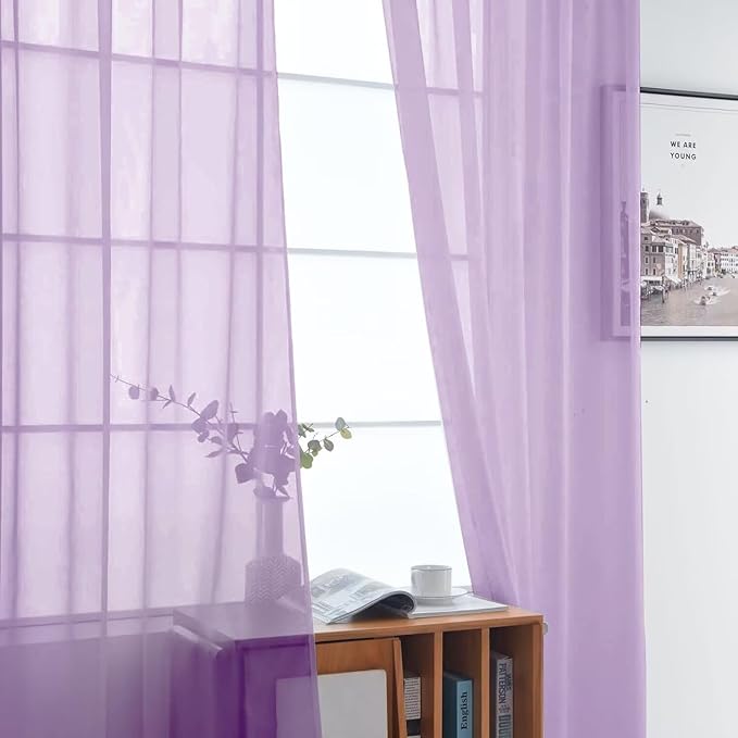 SpaceDresser Lavender Sheer Curtains 4 Panels Rod Pocket Semi-Sheer Curtain 72 Inches Long Light Filtering Voile Window Drapes for Bedroom Living Room Kitchen, Each 52W x 72L
