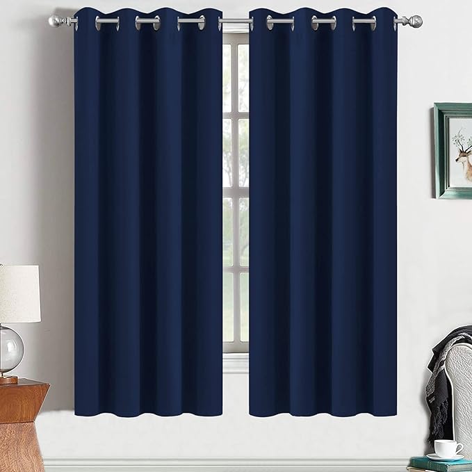 Yakamok Black Out Curtains 63 Inch Long Room Darkening Thermal Insulated Blackout Curtain Solid Grommet Top Window Drapes for Bedroom Living Room 52x63 Inch Navy Blue 2 Panels Set
