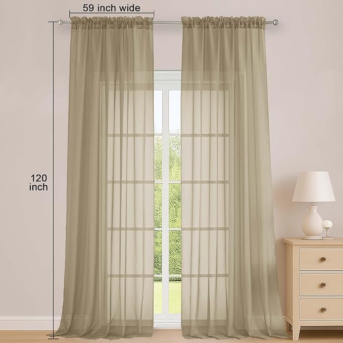 OWENIE Taupe Sheer Curtains 120 Inches Long 2 Panels Set, Airy Lightweight Sheer Taupe Curtains for Living Room Bedroom, Farmhouse Voile Filmy Rod Pocket Curtains Drapes, 2 Pcs, Each 59" Wx120 L Inch