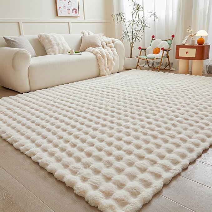 Creamy White Rabbit Plush Rug 8'x10', Fluffy Faux Fur Shaggy Area Rug for Nursery, Kids Room Decor, Soft Fuzzy Carpet for Living Room, Bedroom, Teen Girls Room