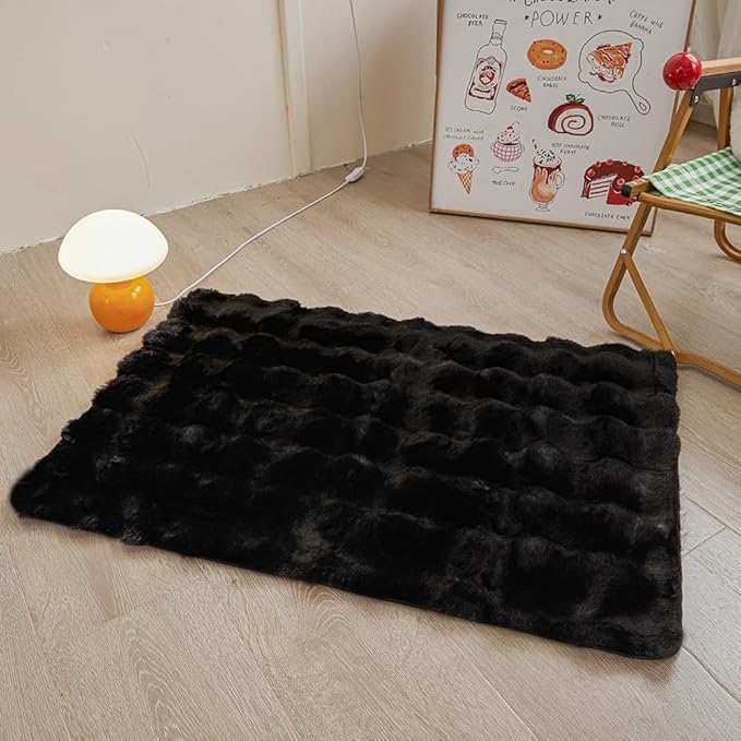 Black Rabbit Plush Rug 2'x3', Fluffy Faux Fur Shaggy Area Rug for Nursery, Kids Room Decor, Soft Fuzzy Carpet for Living Room, Bedroom, Teen Girls Room