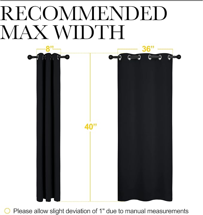 NICETOWN Bathroom Blackout Curtains and Drapes, Black Solid Thermal Insulated Grommet Blackout Drapery Panels for Window (2 Panels, 42 inches Wide by 40 inches Long, Black)