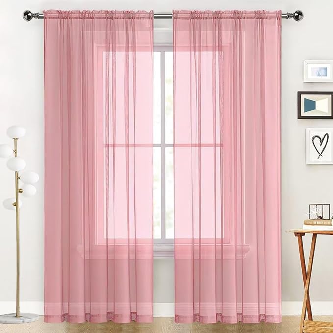 SpaceDresser Sheer Voile Window Treatment Rod Pocket Curtain Panels for Kitchen Bedroom Living Room Drapes Sunlight Filtering Privacy Semi Home Decor Assorted Colors Sizes (Blush, 52 W x 54 L)