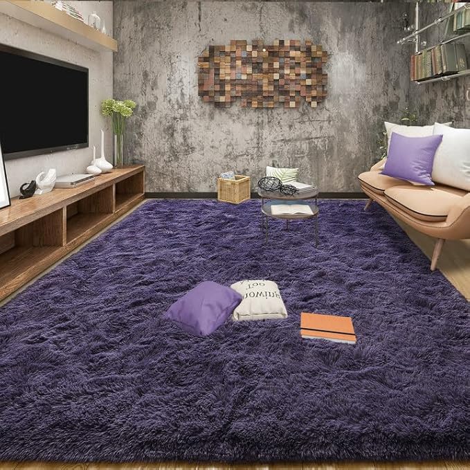 Tepook Super Soft Fluffy Rug for Bedroom, Modern Shaggy Fuzzy Kids Rugs for Living Room, Plush Indoor Nursery Home Decor Dorm Carpet with Non-Slip Bottom, Gray Purple, 5 X 8 Feet