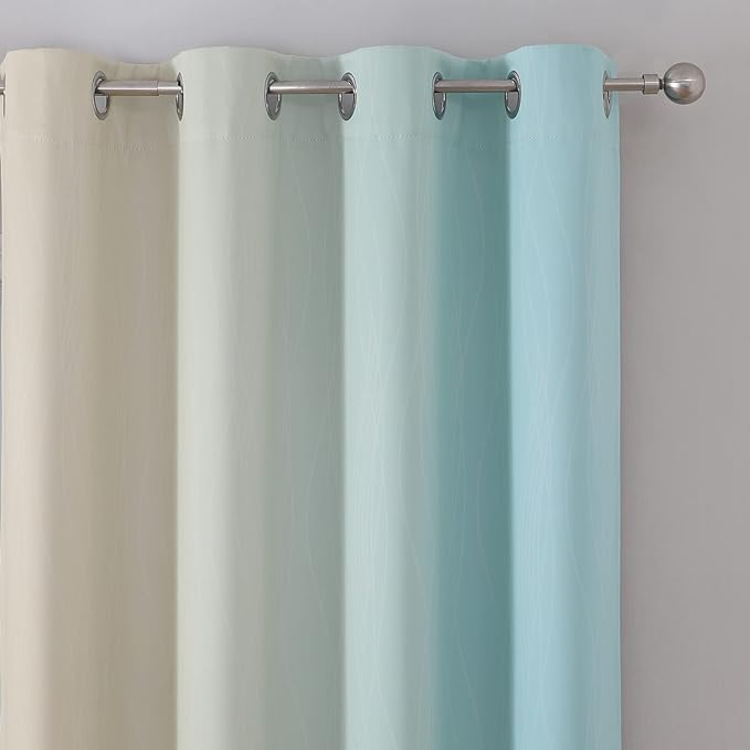 Estelar Textiler Beige and Aqua Ombre Short Blackout Cafe Curtains 36 Inch Length, Thermal Insulated Grommet Small Half Window Drapes for Kitchen/Basement/RV Camper, 52Wx36L, 2 Panels