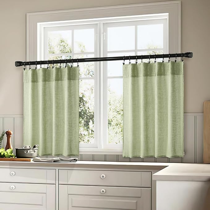 MIULEE Sage Green Kitchen Curtains 30 Inch Length 2 Panels, Soft Thick Linen Textured Semi Sheer Light Filtering Short Cafe Tier Curtains for Small Half Window Bathroom Laundry Back Tab Rod Pocket