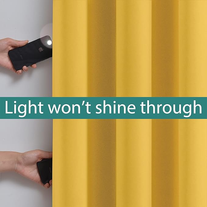 Yakamok Thermal Insulated 100% Blackout Curtains for Bedroom, Double Layer Full Room Darkening Noise Reducing Grommet Curtains, Heat Blocking Drapes for Living Room(52Wx63L, Mustard Yellow, 2 Panels)