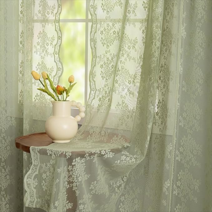 YJ YANJUN Vintage Lace Curtains 96 Inches Long- Victorian Floral Boho Green Sheer Curtain Panels for Living Room Closet Scalloped Drapes Floor Length Rod Pocket Privacy 1 Pair 52Wx96L Grey Green