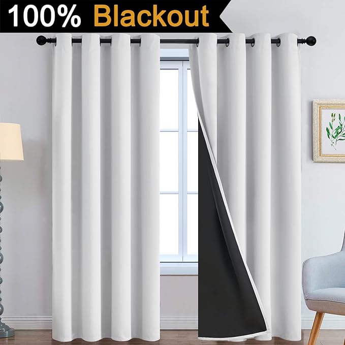 Yakamok 100% Blackout Curtains 90 Inches Long, 2 Thick Layers Heat and Full Light Blocking Soft Thermal Insulated Drapes for Bedroom(52" Wide Each Panel, Greyish White, 2 Panels)