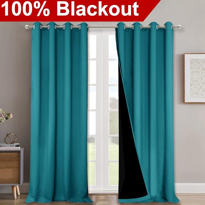 NICETOWN Full Shading Curtains 90 inches Long 2 Panels Set for Windows, Super Heavy-Duty Black Lined Blackout Curtains for Bedroom, Privacy Assured Window Treatment (Peacock Teal, 52 inches W)