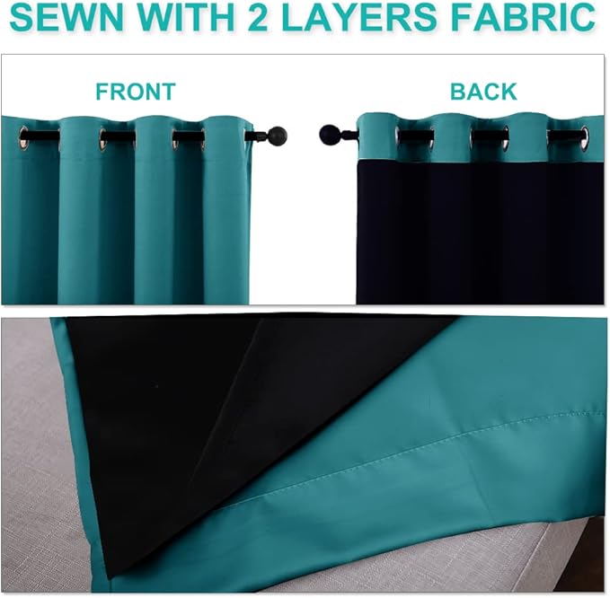 NICETOWN 100% Blackout Curtains 54 inches Long, Double-Deck Completely Blackout Window Treatment Thermal Insulated Lined Drapes for Small Window (Peacock Teal, 1 Pair, 42 inches Width Each Panel)