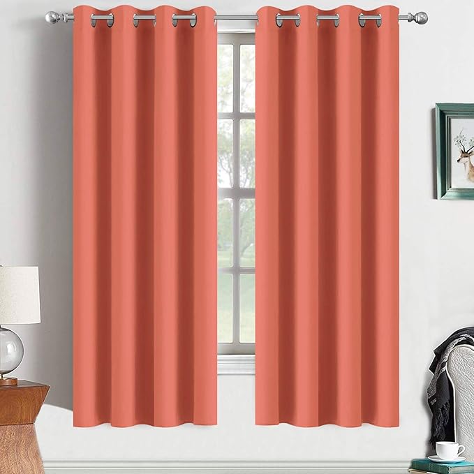 Yakamok Curtains 63 Inch Length Coral Orange Room Darkening Blackout Thermal Insulated Drapes Solid Grommet Top Window Curtain Panels for Girls' Bedroom (52x63 Inch, Coral Orange, One Pair)
