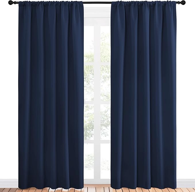 NICETOWN Navy Curtains Blackout Draperies - Modern Design Thermal Insulated Rod Pocket Blackout Drapes for Kid's Bedroom, Window Covering (1 Pair, 52 x 84 inches)