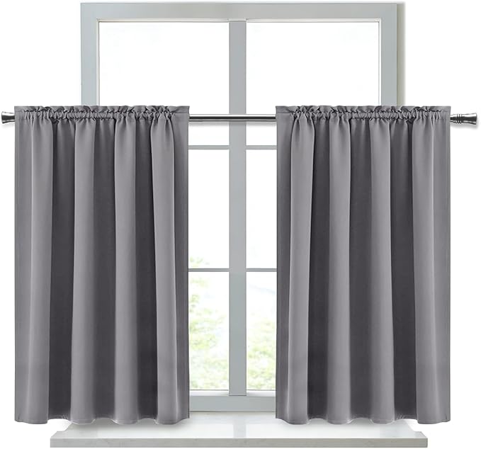 DWCN Short Grey Blackout Curtains for Small Window, Thermal Insulated Energy Saving Room Darkening Curtains for Kitchen/Bedroom (W42 x L36 inch, Set of 2 Panels, Top of Rod Pocket)
