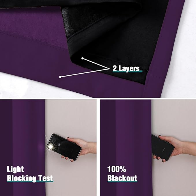 ChrisDowa 100% Blackout Curtains 120 inch Long for Bedroom with Black Liner, 2 Thick Layers Total Blackout Thermal Insulated Grommet Long Window Curtains 2 Panels Set (Royal Purple, 52 x 120 Inch)