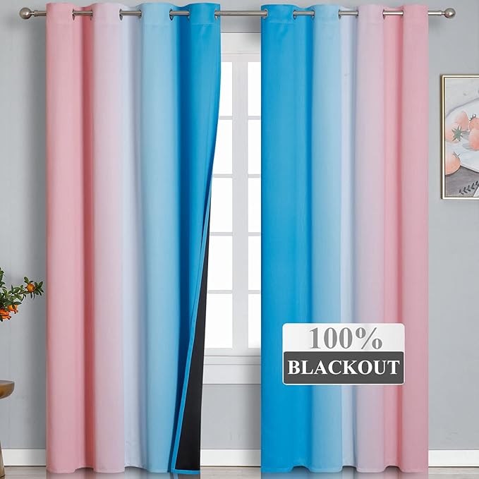 Estelar Textiler Pink and Blue Ombre Blackout Curtains 96 Inches Long, Full Room Darkening Grommet Curtains for Bedroom, Thermal Insulated Gradient Drapes for Living Room,52x96 Inch, 2 Panels