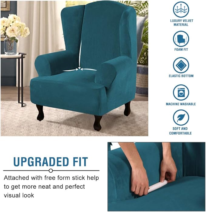H.VERSAILTEX Wingback Chair Covers Velvet Plush Wing Chair Slipcover 1 Piece High Stretch Wing Back Chair Slipcovers Sofa Cover Furniture Cover with Elastic Bottom, Deep Teal