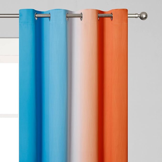 Ombre Orange and Blue Curtains 63 Inch Length 2 panels, Total Blackout Curtains for Bedroom, Grommet Thermal Insulated Gradient Drapes, Full Light Blocking Curtains for Boys Room, 52x63 Inch