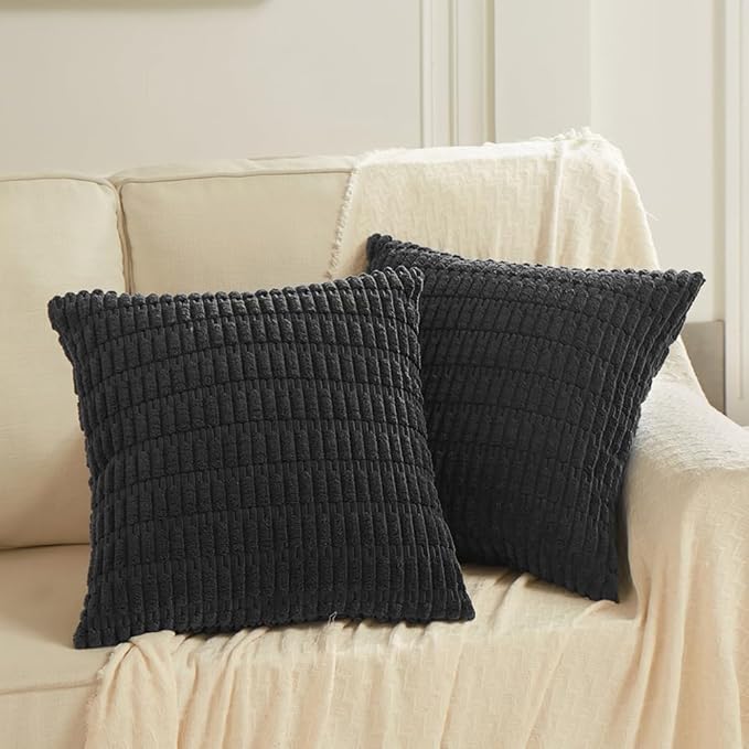 Fancy Homi 4 Packs Boho Black Decorative Throw Pillow Covers 16x16 Inch for Living Room Couch Bed Sofa, Rustic Modern Farmhouse Home Decor, Soft Plush Corduroy Cute Square Cushion Case 40x40 cm