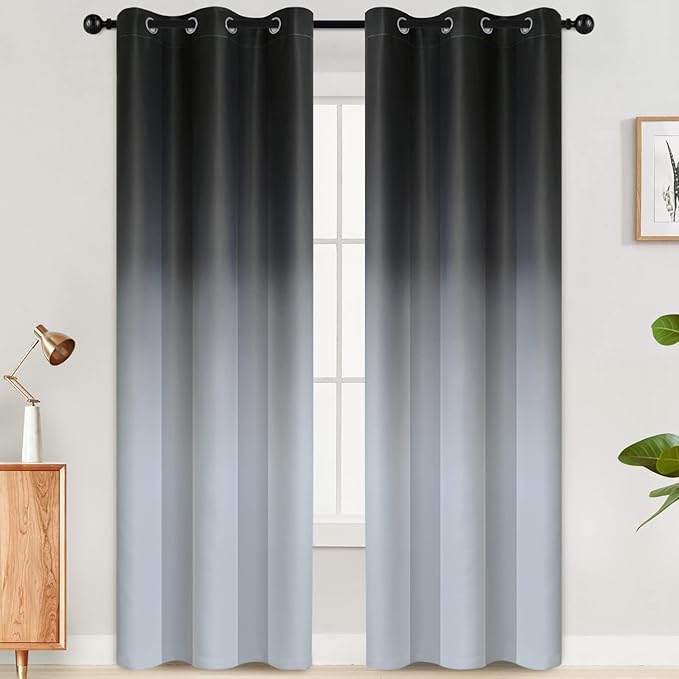 SimpleHome Ombre Room Darkening Curtains for Living Room, Light Blocking Gradient Black to Grey White Thick Thermal Insulated Grommet Window Curtains/Drapes for Bedroom, 2 Panels, 42x84 inches Length