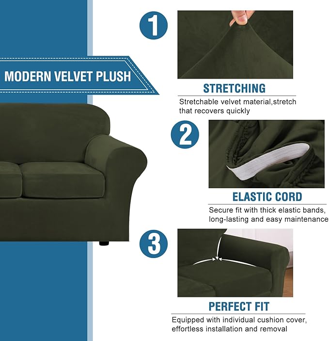 H.VERSAILTEX Real Velvet Plush 3 Piece Stretch Sofa Covers Couch Covers for 2 Cushion Couch Loveseat Covers Width Up to 72 Inch Feature Thick Soft Stay in Place (Medium Sofa, Olive)
