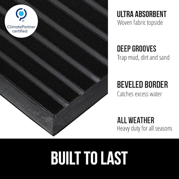 GORILLA GRIP 100% Waterproof All-Season WeatherMAX Doormat US Designed Natural Rubber, Stain and Fade Resistant, Low Profile Indoor Outdoor Door Mats, Easy Clean Patio Mat, 29x17, Black Stripe