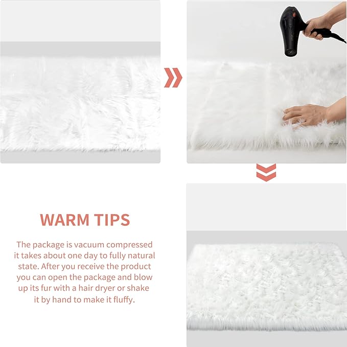 Ciicool Fluffy Area Rug, White Faux Fur Rug for Bedroom Living Room, Thick Fuzzy Shag Rug Furry Nursery Rug Plush Indoor Floor Carpets for Kids Girls Boys Teen Dorm, 4x6 ft