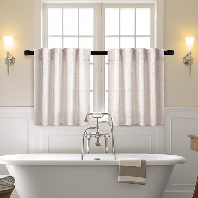 MIULEE Farmhouse Kitchen Curtains 30 Inch Length 2 Panels, Soft Thick Linen Textured Natural White Semi Sheer Light Filtering Short Cafe Tier Curtains for Small Half Window Back Tab Rod Pocket