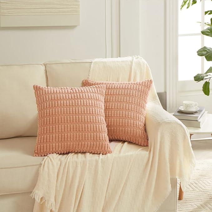 Fancy Homi 4 Packs Peach Decorative Throw Pillow Covers 18x18 Inch for Living Room Couch Bed, Rustic Modern Farmhouse Boho Home Decor, Soft Plush Corduroy Cute Accent Square Cushion Case 45x45 cm