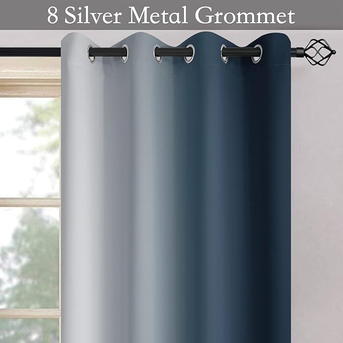 SimpleHome Ombre Room Darkening Curtains for Living Room, Light Blocking Gradient Navy Blue to Greyish White Thermal Insulated Grommet Window Curtains/Drapes for Bedroom, 2 Panels, 70x63 inches Length