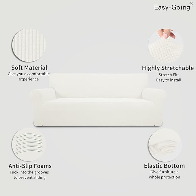 Easy-Going Stretch Sofa Slipcover 1-Piece Sofa Cover Furniture Protector Couch Soft with Elastic Bottom for Kids, Polyester Spandex Jacquard Fabric Small Checks (Sofa, Cream)