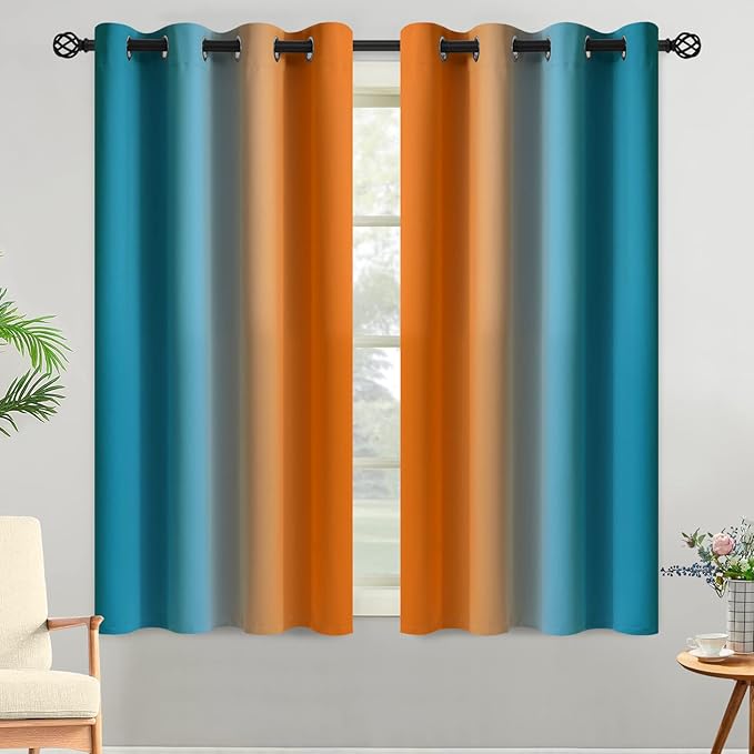 Yakamok Orange and Blue Blackout Curtains, Ombre Full Room Darkening Window Curtains for Living Room,Grommet Thermal Insulated Drapes,Light Blocking Curtains for Girls Bedroom,52x54 Inch, 2 Panels