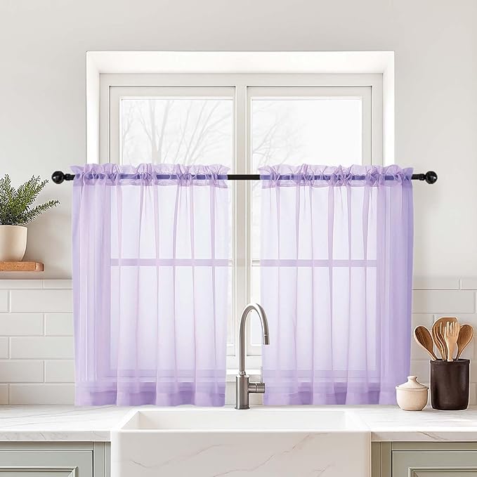 Small Sheer Curtains Tier 24 Inches Length 2 Pieces, Light Filtering Cafe Curtains for Living Room Bathroom, Modern Window Treatments Dual Rod Pocket Panels, Lavender, 2X42Wx24L Inches