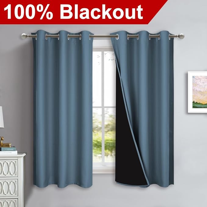 NICETOWN 100% Blackout Short Curtains with Black Liners, 2 Panels, 37" W by 60" L, Smoky Blue, Solid Thermal Insulated Full Blackout 2-Layer Lined Drapes, Energy Efficiency Window Drapes for Bedroom