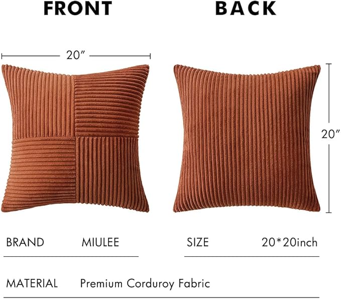 MIULEE Dark Rust Decorative Throw Pillow Covers 20x20 Inch for Couch Bed Sofa Pack of 2 Terracotta Boho Farmhouse Throw Pillows Fall Soft Cross Corduroy Patchwork Textured Cushion Cases