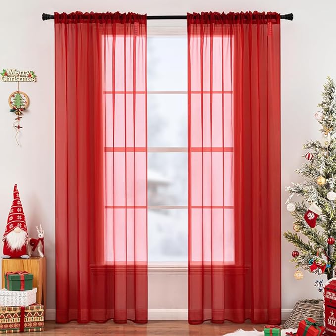 MIULEE 2 Panels Red Solid Color Sheer Christmas Window Curtains Elegant Window Voile Panels/Drapes/Treatment for Bedroom Living Room (54X45 Inches)