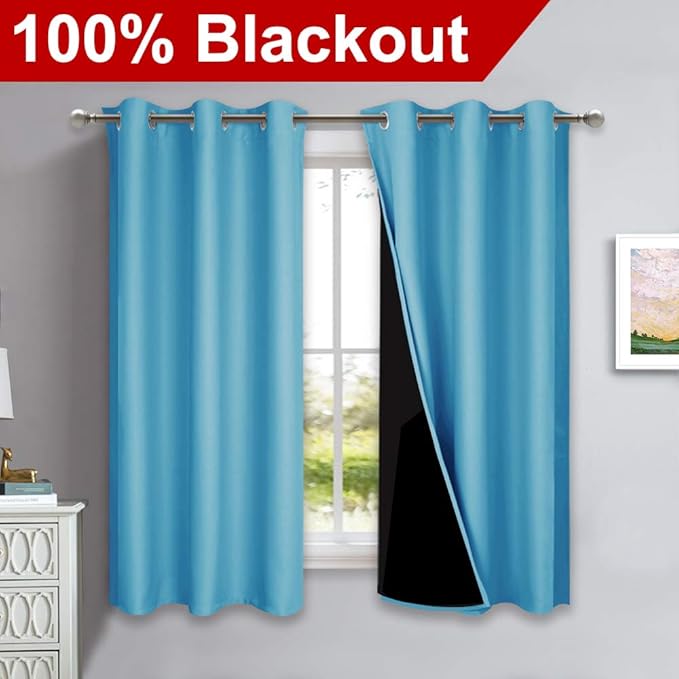 NICETOWN 100% Blackout Short Curtains with Black Liners, 2 Panels, 37" W by 63" L, Teal Blue, Solid Thermal Insulated Full Blackout 2-Layer Lined Drapes, Energy Efficiency Window Draperies for Bedroom