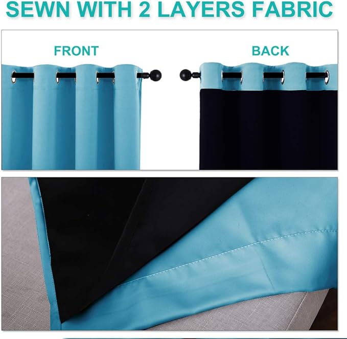 NICETOWN Full Shading Curtains for Windows, Teal Blue, Pack of 2, 62 inches W x 95 inches L, Super Heavy-Duty Black Lined Blackout Curtains for Bedroom, Privacy Assured Window Treatment