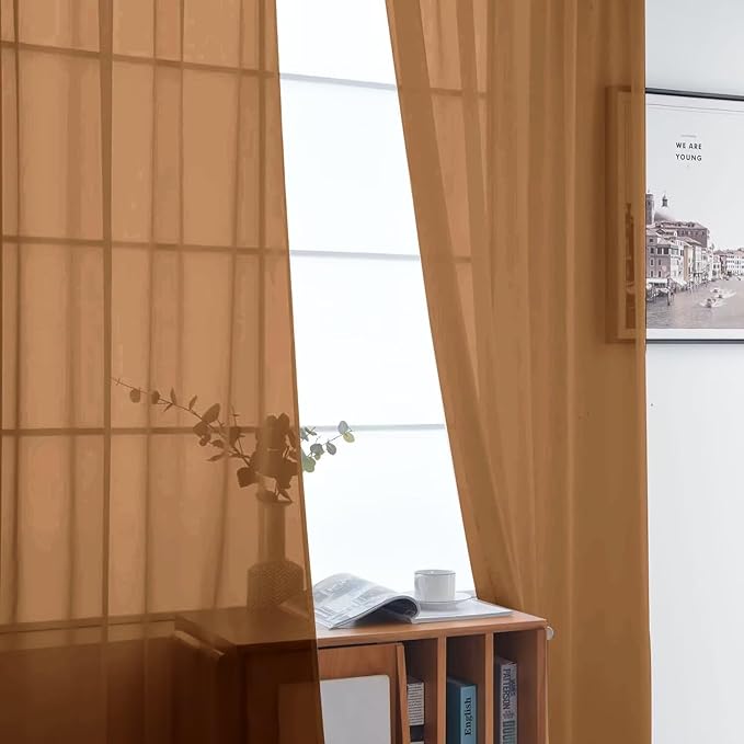 SpaceDresser Basic Rod Pocket Sheer Voile Window Curtain Panels Light Brown 1 Pair 2 Panels 52 Width 96 Inch Long for Kitchen Bedroom Children Living Room Yard（Light Brown, 52W x 96L）