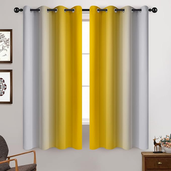 Yakamok Yellow Ombre Curtains 63 Inches Long, Light Blocking Gradient Color Curtain Panels, Room Darkening Grommet Window Drapes for Bedroom(52x63 Inch, 2 Panels)