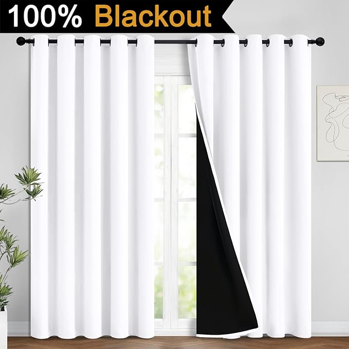 Yakamok Full Blackout Curtains 84 Inches Long,Blackout Curtain Panels for Bedroom, 2 Thick Layers Grommet Top Thermal Insulated Drapes with Black Liner for Living Room(62Wx84L, Pure White, 2 Panels)