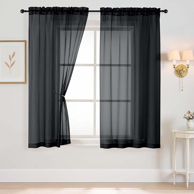 Halloween Black Sheer Curtains 63 Inch Length 2 Panels, Voile Sheer Curtain for Living Room, Breathable Light Filtering Window Treatments, Soft Fabric Dual Rod Pocket Drapes, 2x42Wx63L Inches