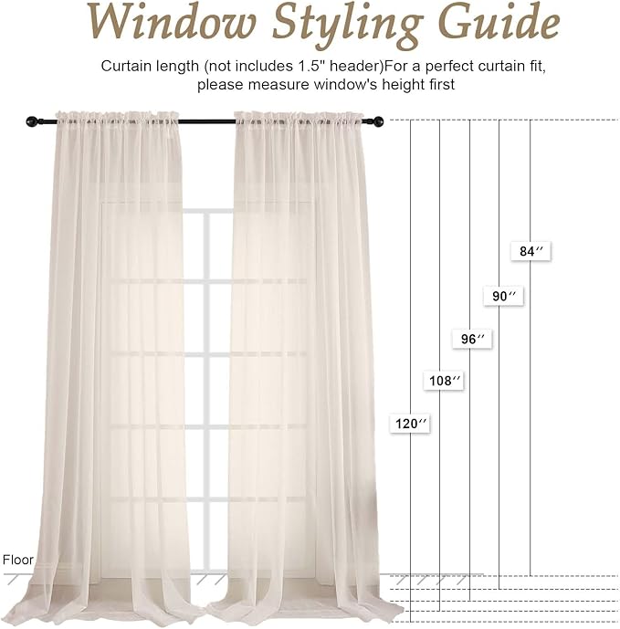 OVZME Sheer Cream Curtains 108 Inches Long 2 Panels Set, 59 Inch Extra Wide Lightweight Airy Cream Sheer Curtain for Living Room Bedroom, Filmy Voile Rod Pocket, 59Wx108L Inches