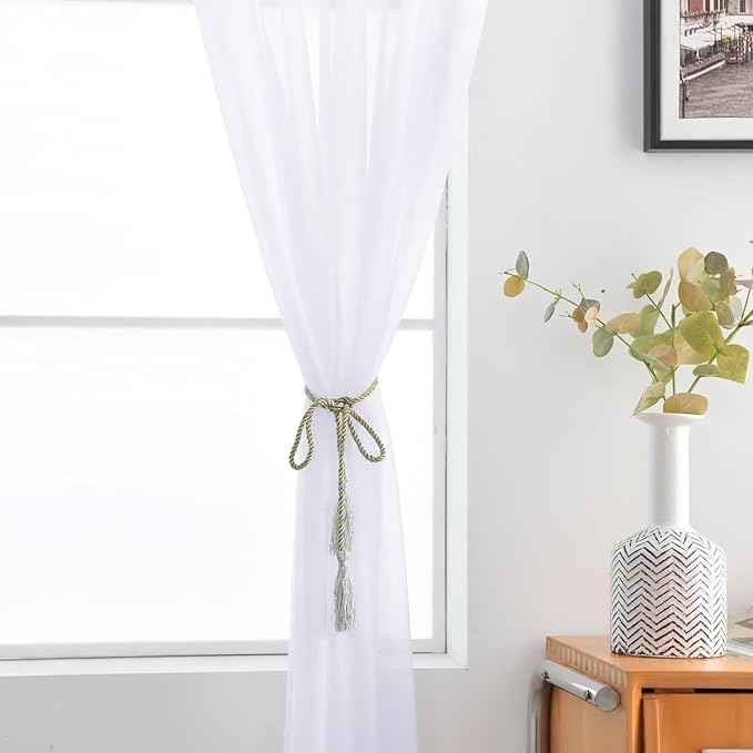 SpaceDresser Optical White Sheer Curtains 4 Panels Rod Pocket Semi-Sheer Curtain 63 Inches Long Light Filtering Voile Window Drapes for Bedroom Living Room Kitchen, Each 52W x 63L