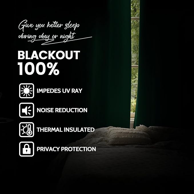Yakamok 100% Blackout Curtains Dark Green Room Darkening Thermal Insulated with 2 Thick Layers-Hunter Green Window Drapes Set of 2 Panels for Bedroom Living Room 52 Inches by 84 Inches Length