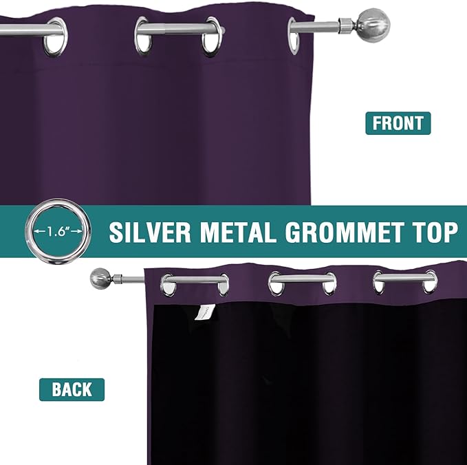 ChrisDowa 100% Blackout Curtains for Bedroom with Black Liner, 2 Thick Layers Total Blackout Thermal Insulated Grommet Window Curtains 2 Panels Set (Royal Purple, 52 x 72 Inch)