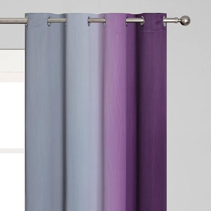 Ombre Purple and Gray Blackout Curtains 63 Inch Length 2 panels, Full Room Darkening Grommet Thermal Insulated Gradient Drapes for Girls Room, Full Light Blocking Curtains for Bedroom, 52x63 Inch